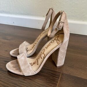 Sam Edelman Yaro Nude Suede Open-Toe Block Heels with Ankle Strap
